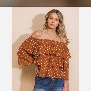 Flying Tomato Off-Shoulder Ruffle Blouse - Brown Polka Dot